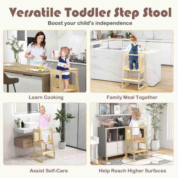 3-in-1 Foldable Kitchen Standing Tower for Toddlers with Chalkboard, Weaning Table-Natural