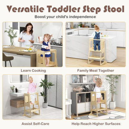 3-in-1 Foldable Kitchen Standing Tower for Toddlers with Chalkboard, Weaning Table-Natural