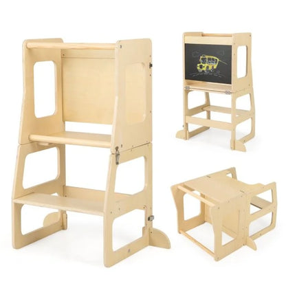 3-in-1 Foldable Kitchen Standing Tower for Toddlers with Chalkboard, Weaning Table-Natural