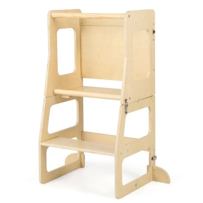 3-in-1 Foldable Kitchen Standing Tower for Toddlers with Chalkboard, Weaning Table-Natural
