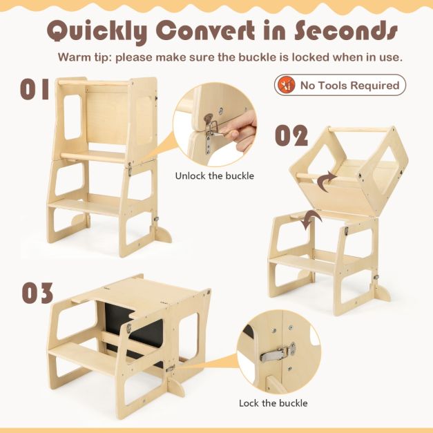 3-in-1 Foldable Kitchen Standing Tower for Toddlers with Chalkboard, Weaning Table-Natural