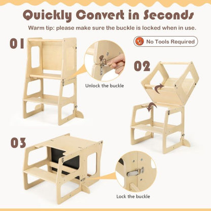 3-in-1 Foldable Kitchen Standing Tower for Toddlers with Chalkboard, Weaning Table-Natural