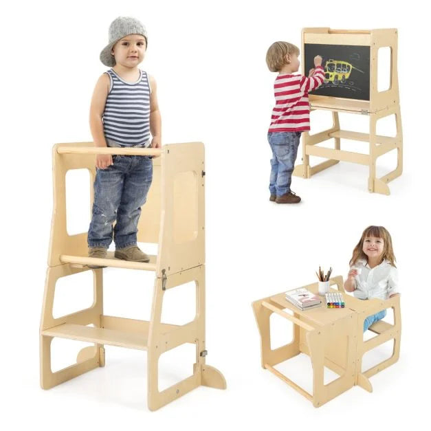 3-in-1 Foldable Kitchen Standing Tower for Toddlers with Chalkboard, Weaning Table-Natural