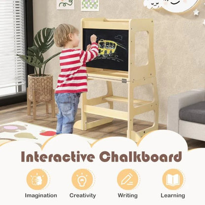 3-in-1 Foldable Kitchen Standing Tower for Toddlers with Chalkboard, Weaning Table-Natural