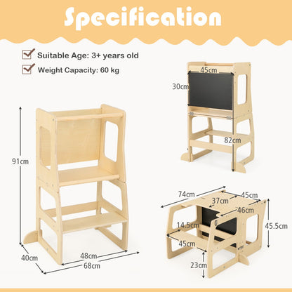 3-in-1 Foldable Kitchen Standing Tower for Toddlers with Chalkboard, Weaning Table-Natural