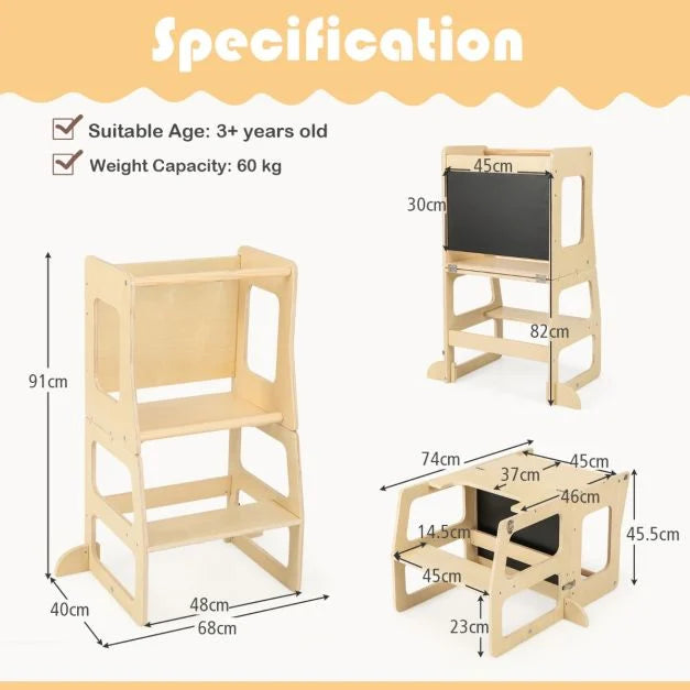 3-in-1 Foldable Kitchen Standing Tower for Toddlers with Chalkboard, Weaning Table-Natural