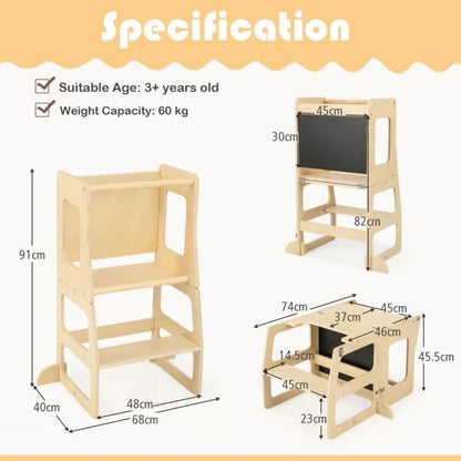 3-in-1 Foldable Kitchen Standing Tower for Toddlers with Chalkboard, Weaning Table-Natural