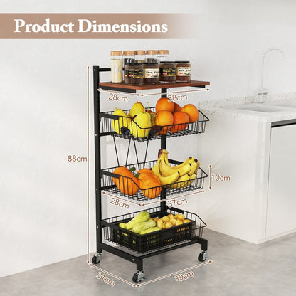 4-Tier Kitchen Storage Cart on Wheels with Height Adjustable and Removable Baskets