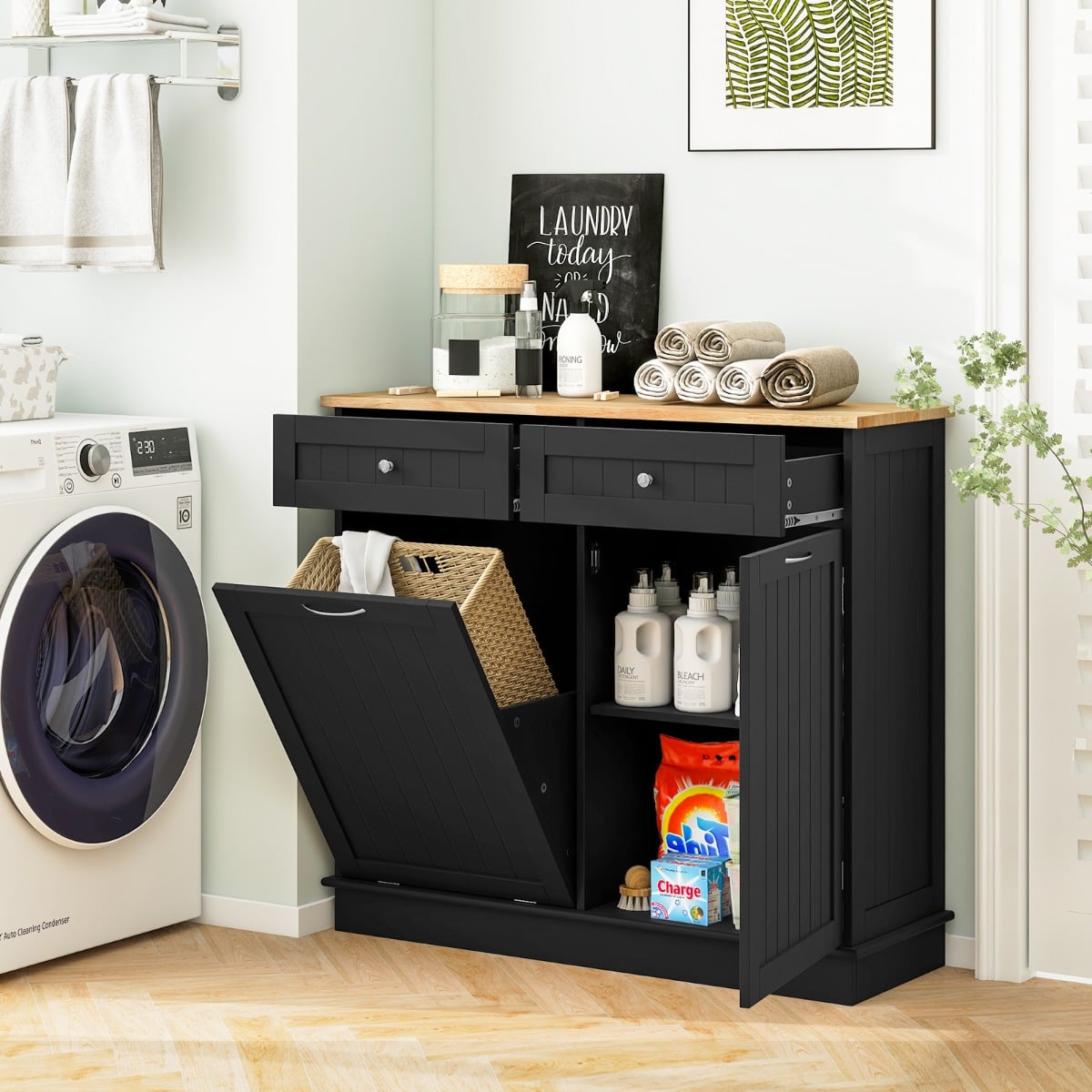 Kitchen Tilt Out Trash Cabinet with 70L Hidden Garbage Holder-Black
