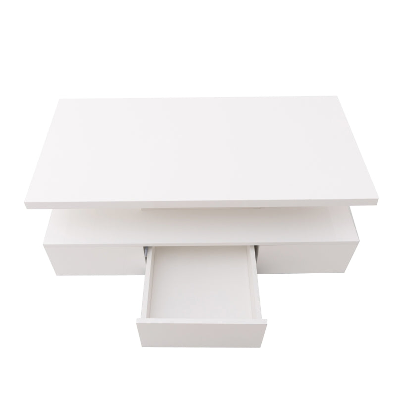 High-Gloss Coffee Table with Drawer, Two Storage Levels and LED Light, 100x50x39 cm, White