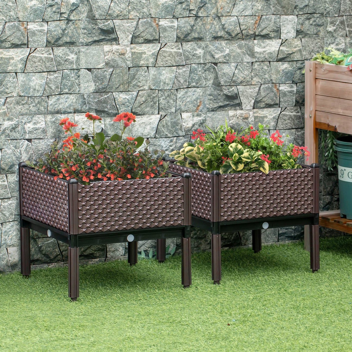 Outsunny 50cm x 50cm x 46.5cm Set of 2 41L Garden Raised Bed, Elevated Planter Box, Flower Vegetables Planting Container with Self-Watering Design and Drainage Holes