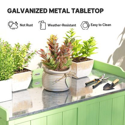 Outsunny Wood Garden Storage Cabinet, Outdoor Tool Shed, Potting Bench Table with galvanised Top and Two Shelves for garden Tools or Pool Accessories, Green