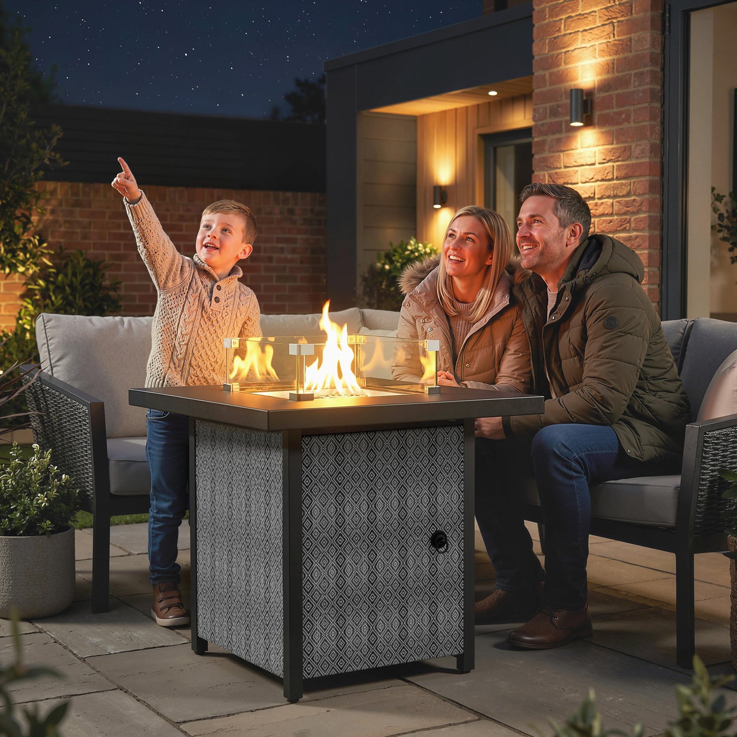 Outsunny Propane Gas Fire Pit Table for Garden, 11.7 KW Smokeless Firepit Outdoor Heater with Wind Guard, Glass Rocks, Lid, Black