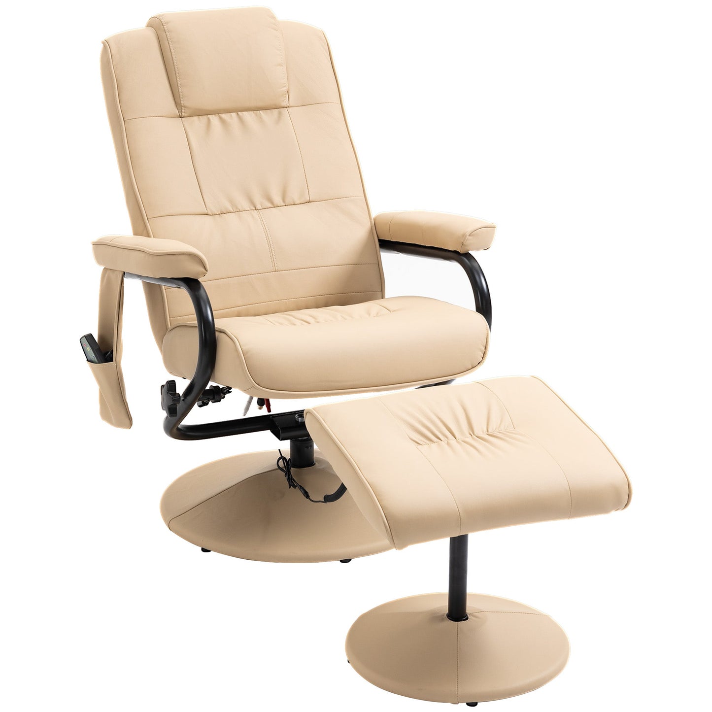 HOMCOM Swivel Recliner Chair and Footstool, Faux Leather Massage Recliner Armchair with Remote Control and Round Wrapped Base, Beige