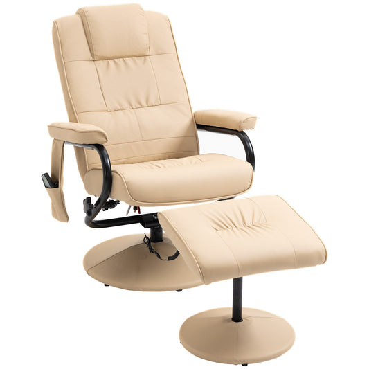 HOMCOM Swivel Recliner Chair and Footstool, Faux Leather Massage Recliner Armchair with Remote Control and Round Wrapped Base, Beige