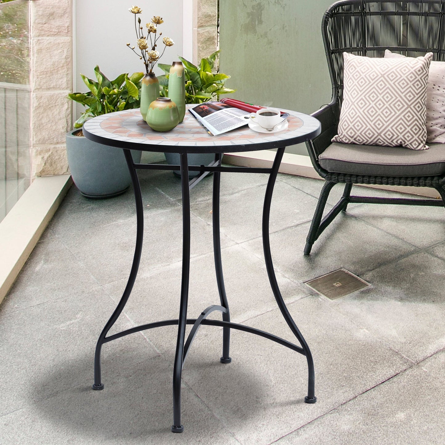 Outsunny 60 cm Mosaic Garden Table, Small Round Outdoor Side Table with Ceramic Top, Plant Stand for Patio, Balcony, Orange and White