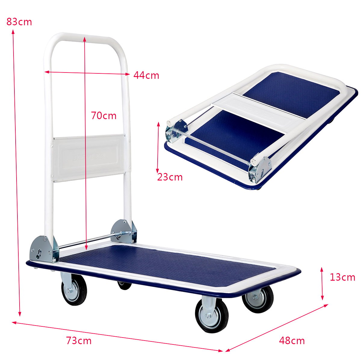 Foldable transport trolleys with a load capacity of up to 150 kg, platform trolleys with 360° swivel casters and handle, blue