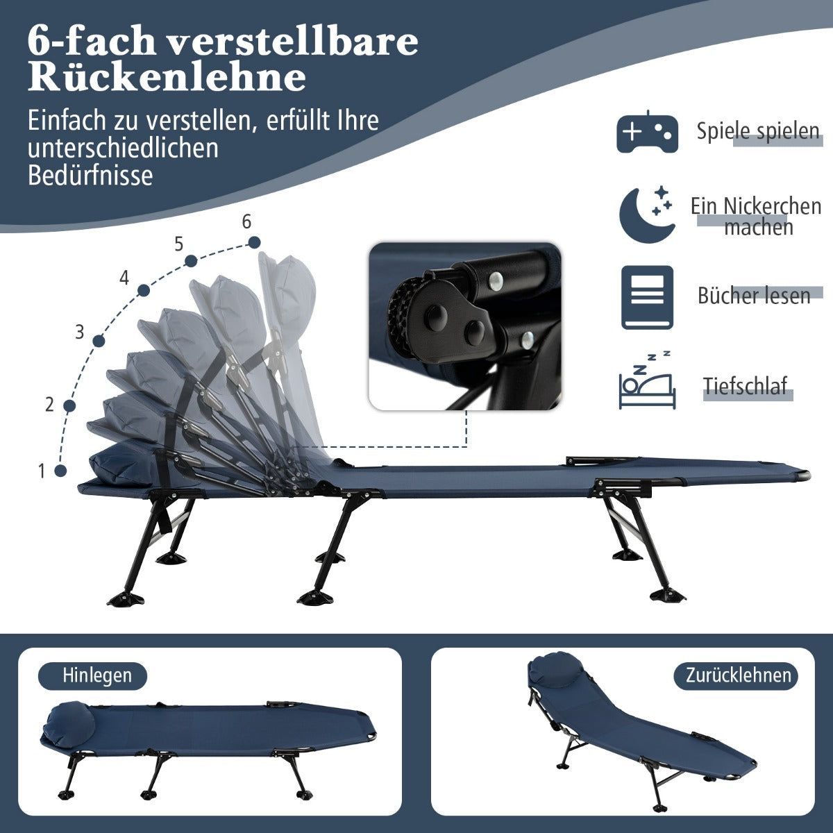 Folding Camping Cot with Detachable Mattress and Adjustable Backrest-Navy