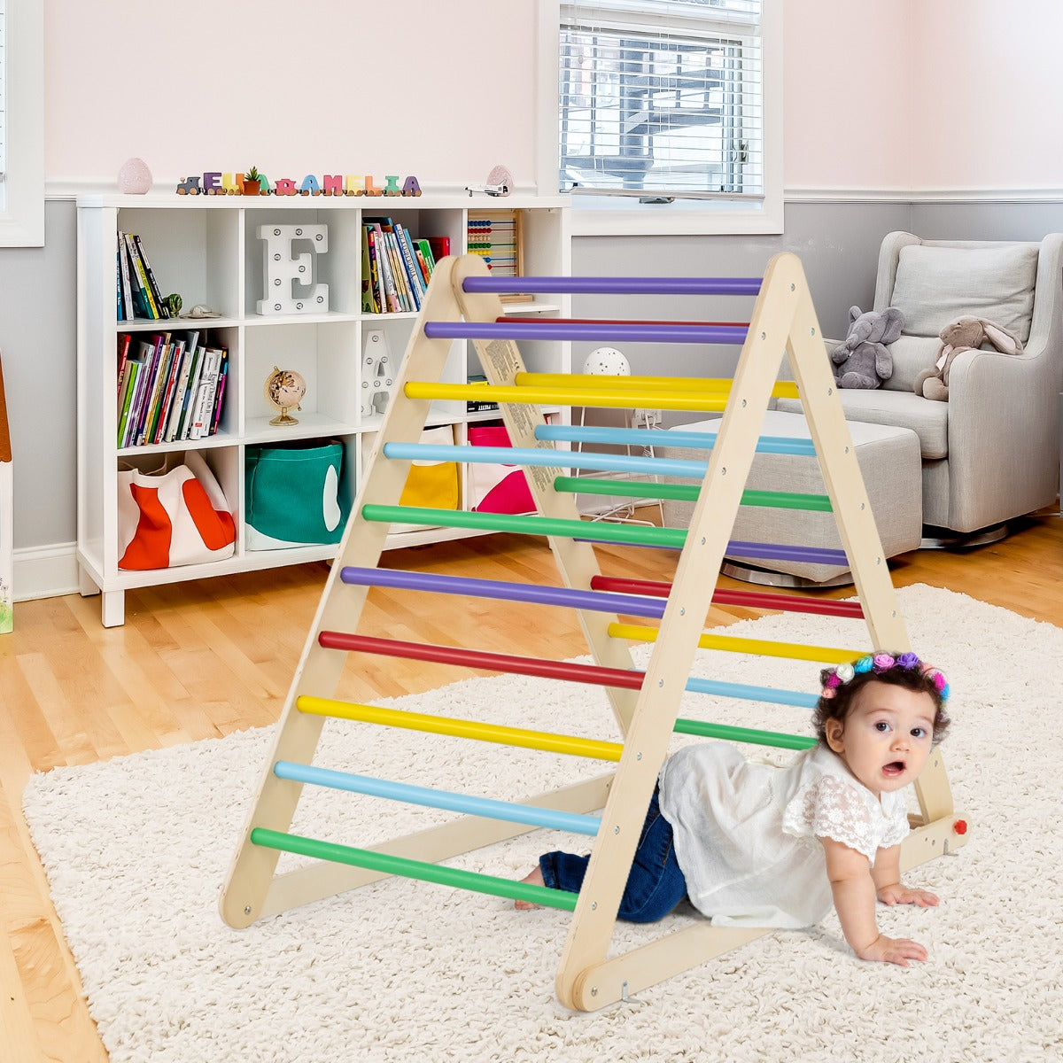 Wooden Climbing Ladder with Ramp for Kindergarten or Home-Colorful