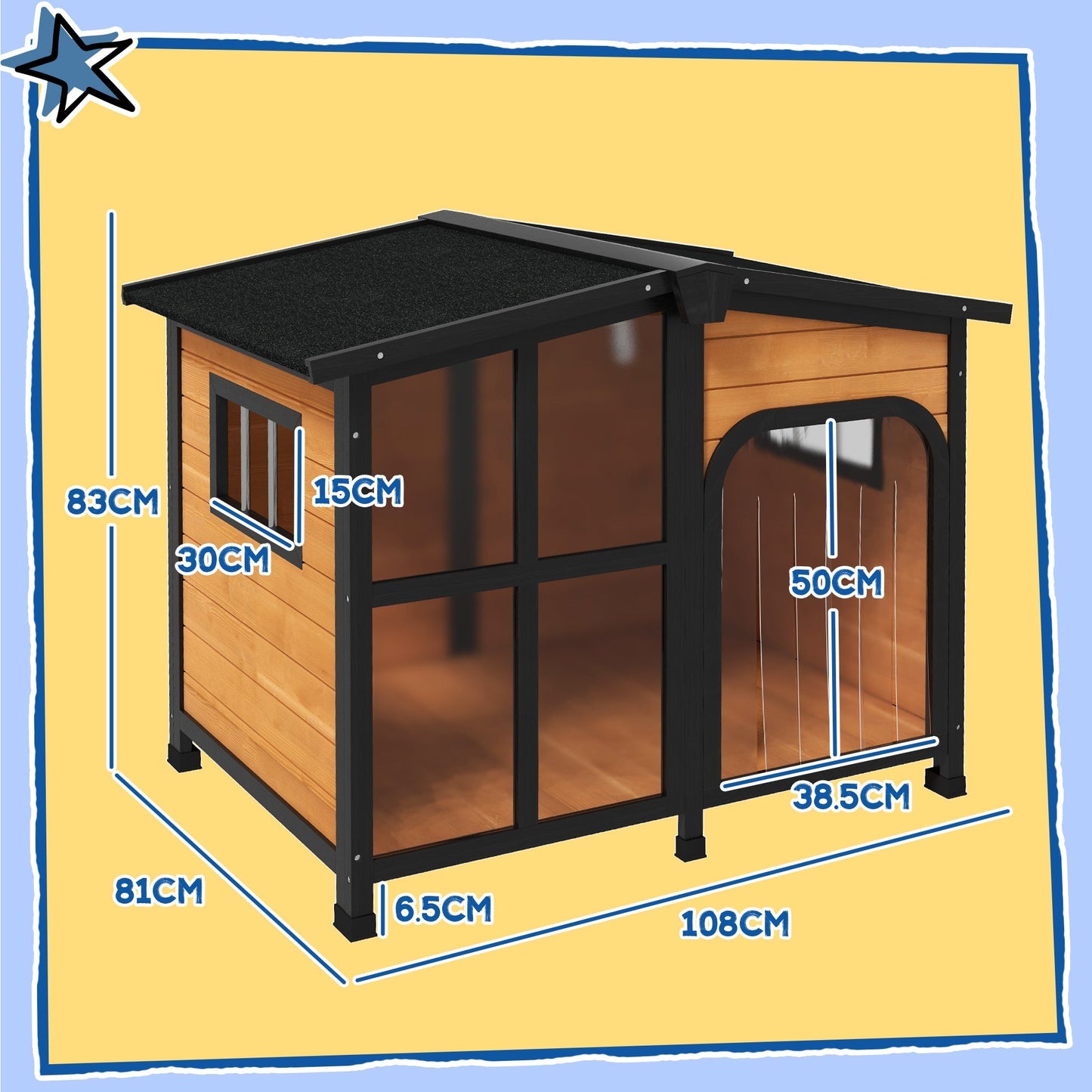 PawHut Wooden Dog Kennel with Removable Floor, Asphalt and Openable Roof, Large Window, for Large Dogs, Yellow