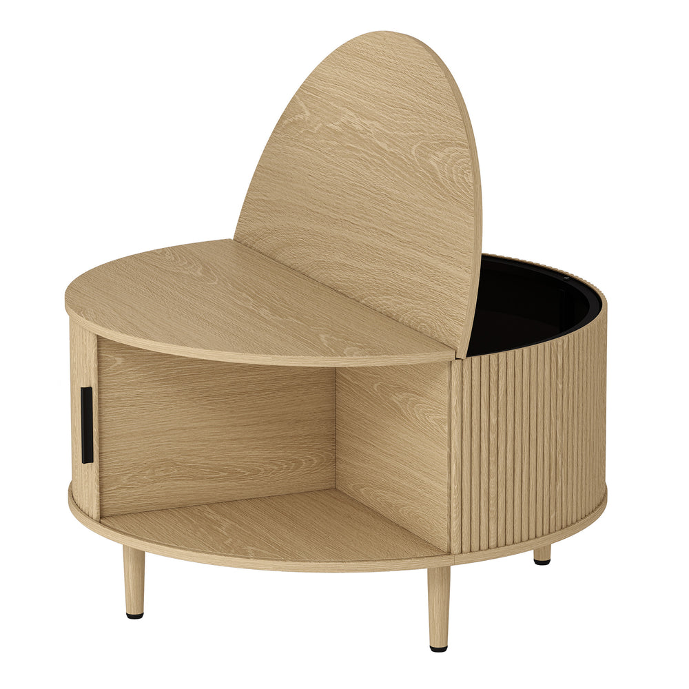 HOMCOM Coffee Table with Lift Top and Hidden Storage, Round Centre Table with Fluted Sliding Door, 80 cm, Natural Wood