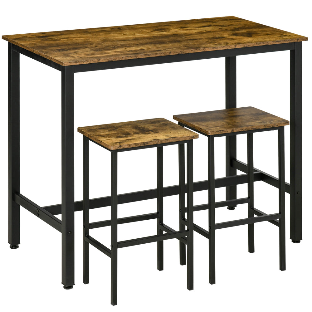 HOMCOM 120x60cm Bar Table Set, Breakfast Table with 2 Stools, 3-Piece Counter Height Dining Table & Chairs for Kitchen, Living Room, Rustic Brown