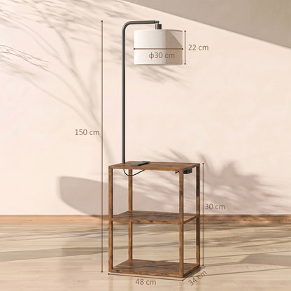 HOMCOM Dimmable Floor Lamp with Shelves, Charging Station, 3-Tier Storage Table, Adjustable Fabric Lampshade, Rustic Brown