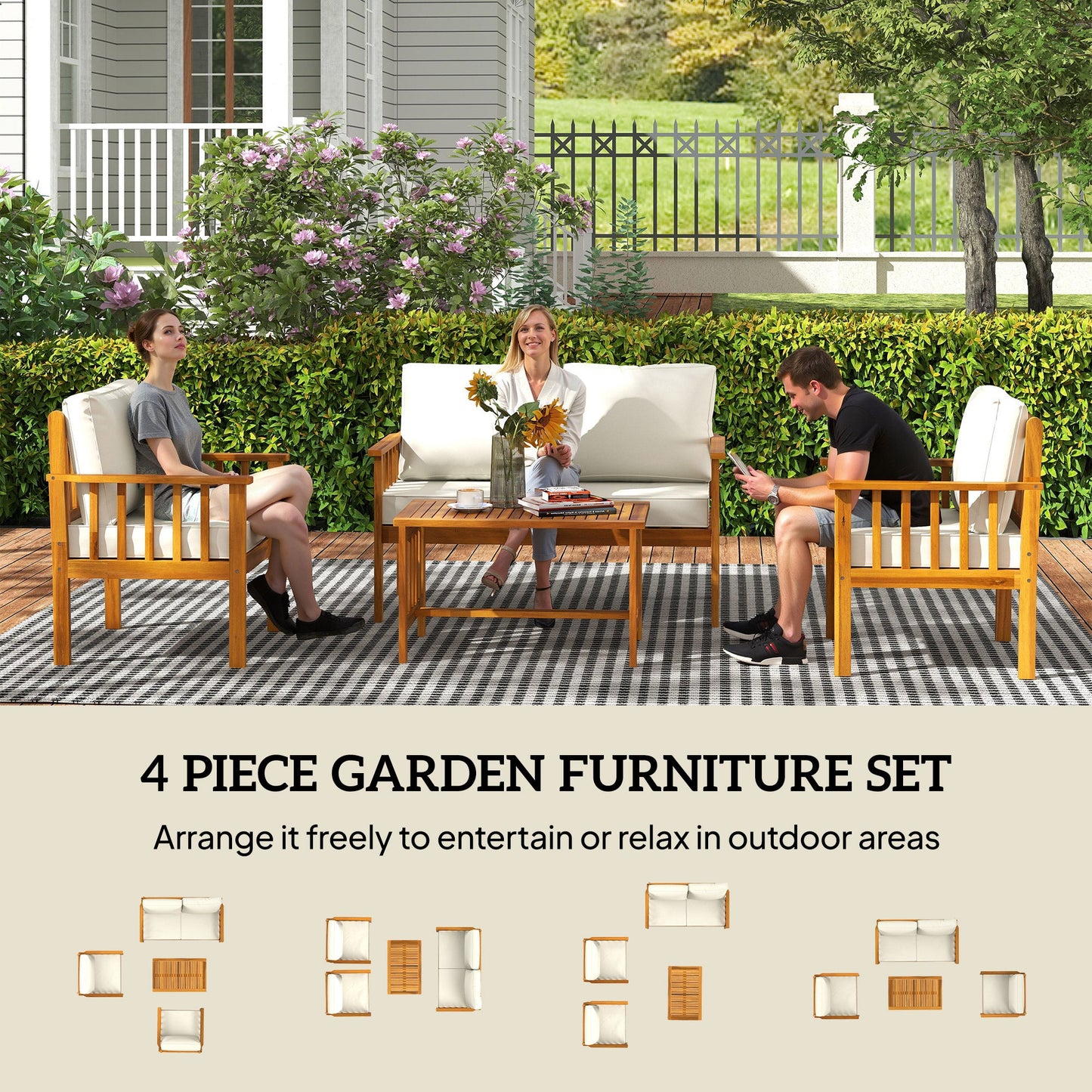 Outsunny Four-Piece Acacia Wood Garden Sofa Set - Teak/Cream