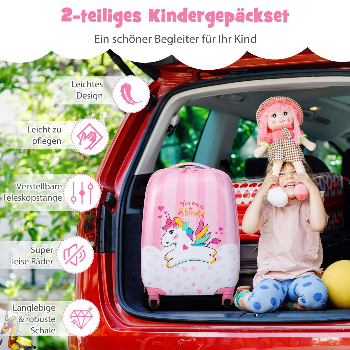 Suitcase set 2 pcs unicorn 16 childrens suitcase + 12 backpack pink