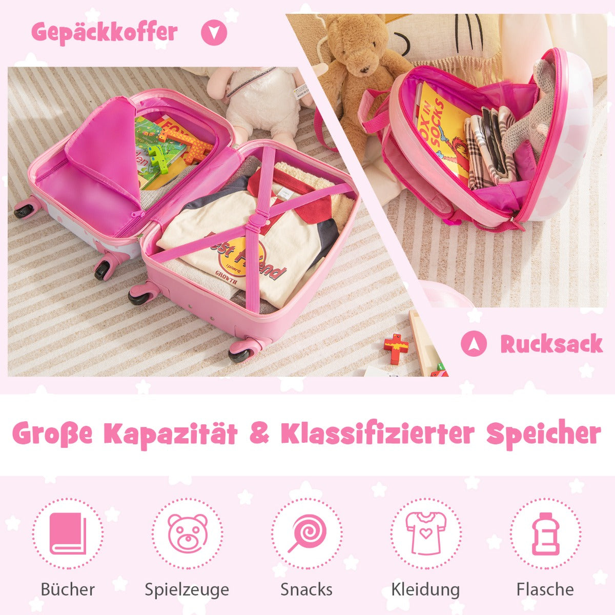 Suitcase set 2 pcs unicorn 16 childrens suitcase + 12 backpack pink
