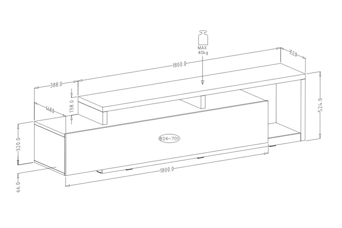Technical drawing of a rectangular object with dimensions