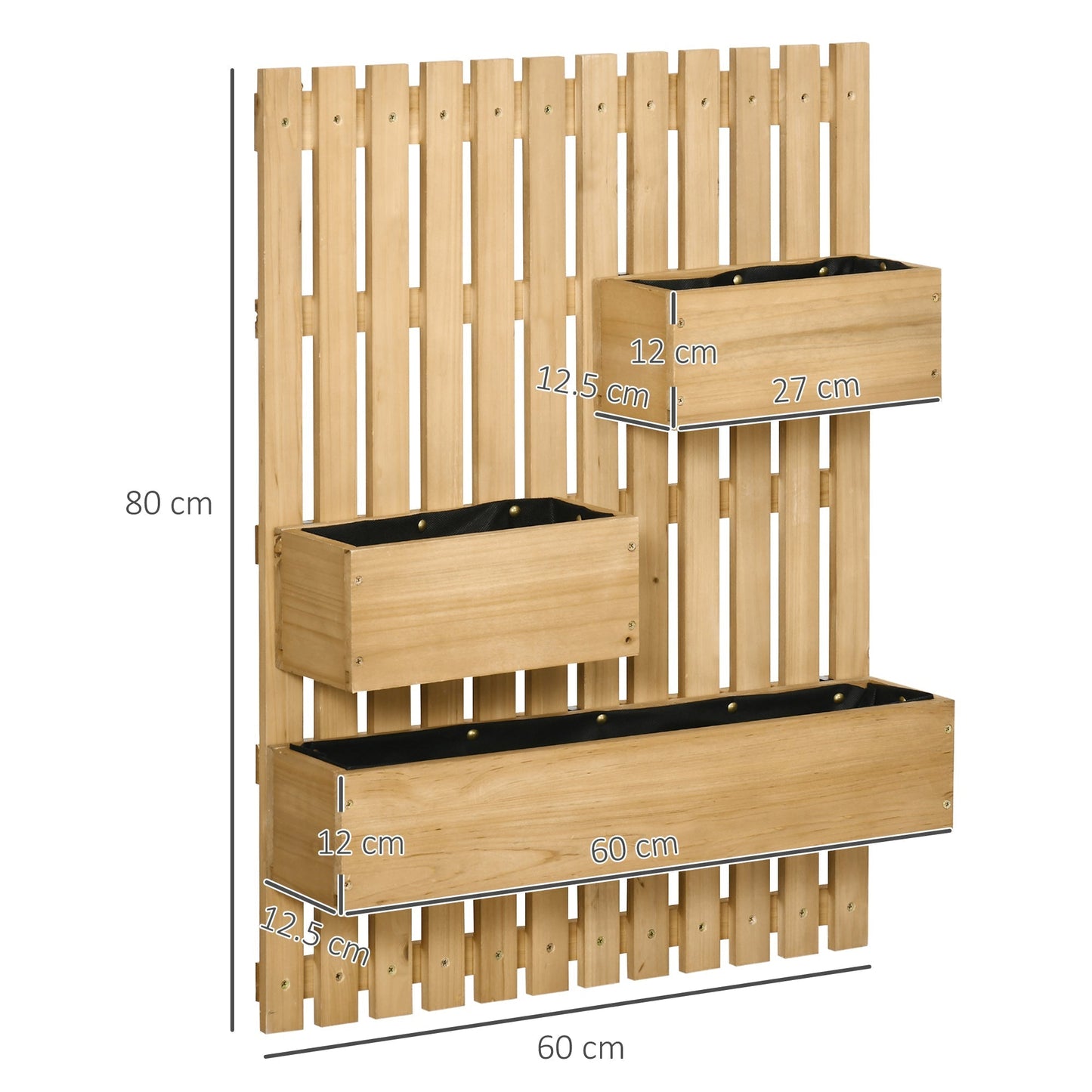 Wall-mounted Wooden Garden Planters with Trellis, Drainage Holes and 3 Movable Planter Boxes, Wall Raised Garden Bed for Patio, Natural