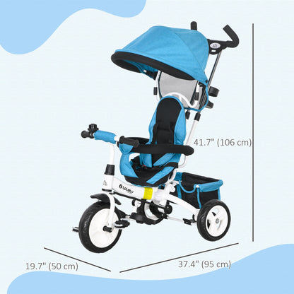 HOMCOM 6 in 1 Kids Trike Push Bike w/ Push Handle, Canopy, 5-point Safety Belt, Storage, Footrest, Brake, for 1-5 Years, Blue
