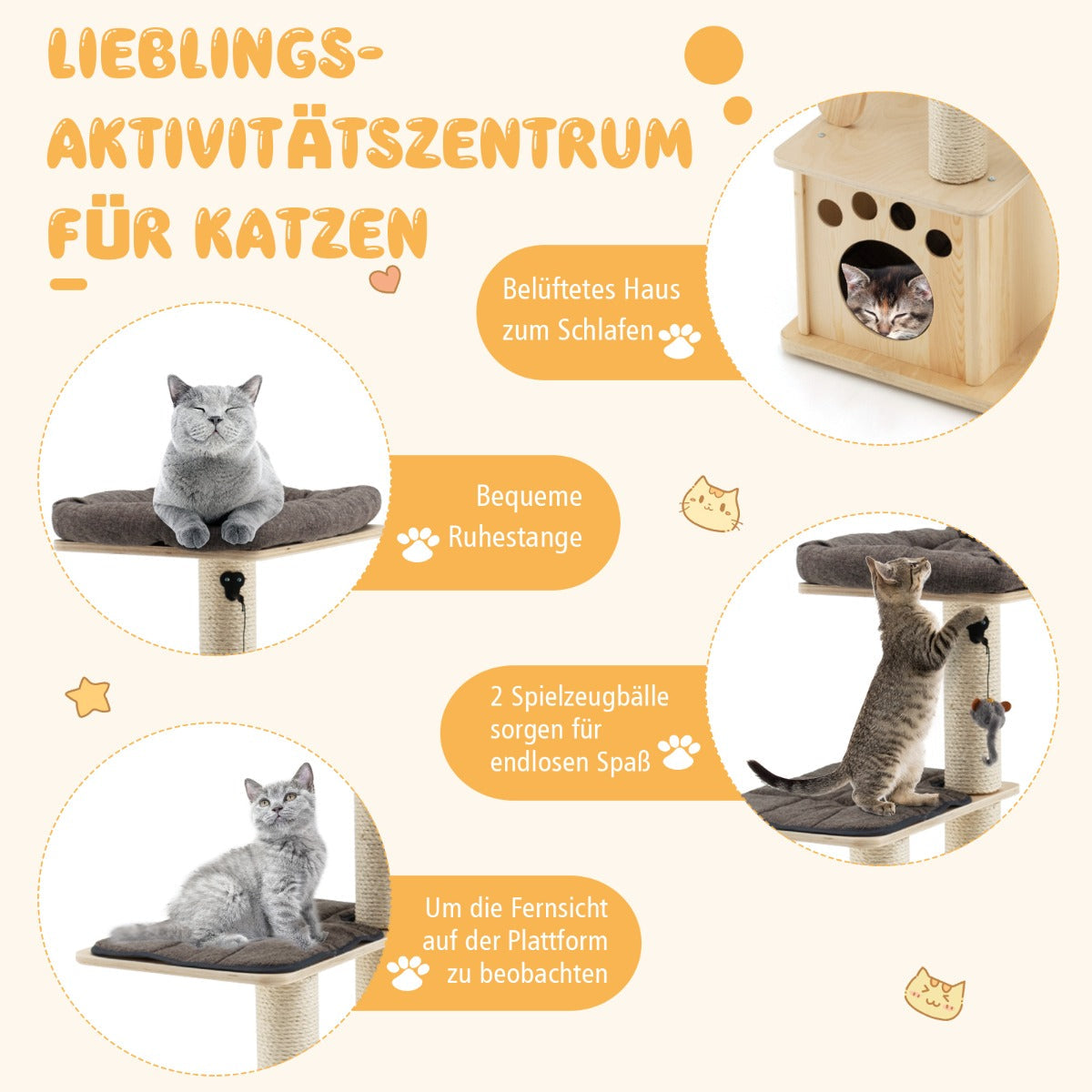 Modern wooden scratching post with cat house & toy ball & ramp 70 x 50 x 169 cm beige