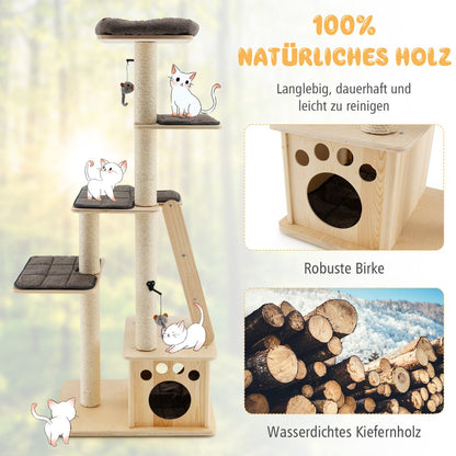 Modern wooden scratching post with cat house & toy ball & ramp 70 x 50 x 169 cm beige