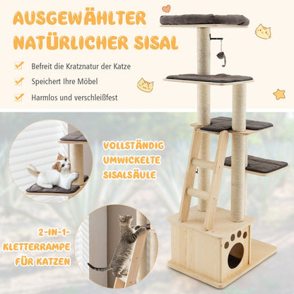 Modern wooden scratching post with cat house & toy ball & ramp 70 x 50 x 169 cm beige