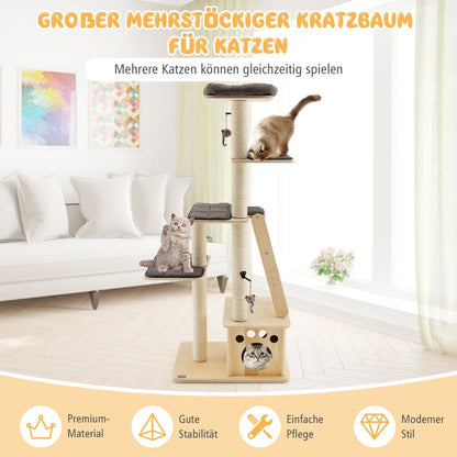 Modern wooden scratching post with cat house & toy ball & ramp 70 x 50 x 169 cm beige