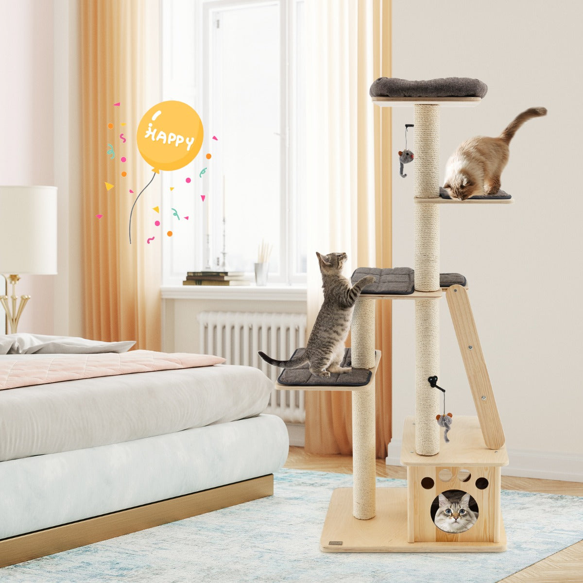 Modern wooden scratching post with cat house & toy ball & ramp 70 x 50 x 169 cm beige