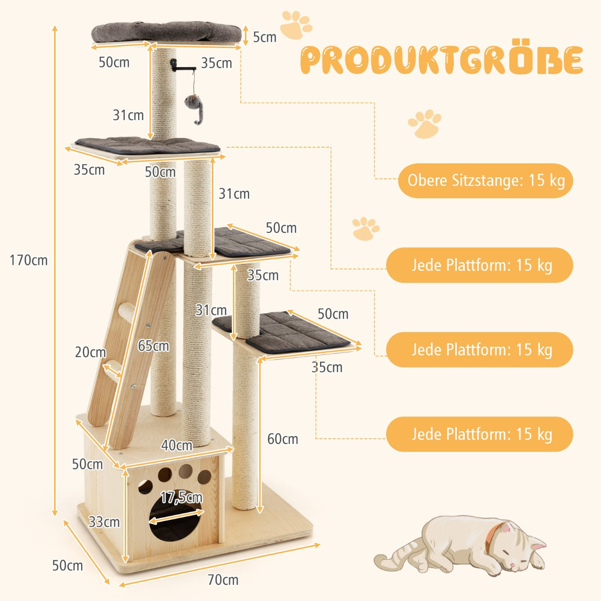 Modern wooden scratching post with cat house & toy ball & ramp 70 x 50 x 169 cm beige