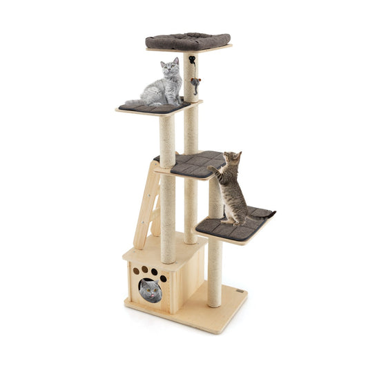 Modern wooden scratching post with cat house & toy ball & ramp 70 x 50 x 169 cm beige