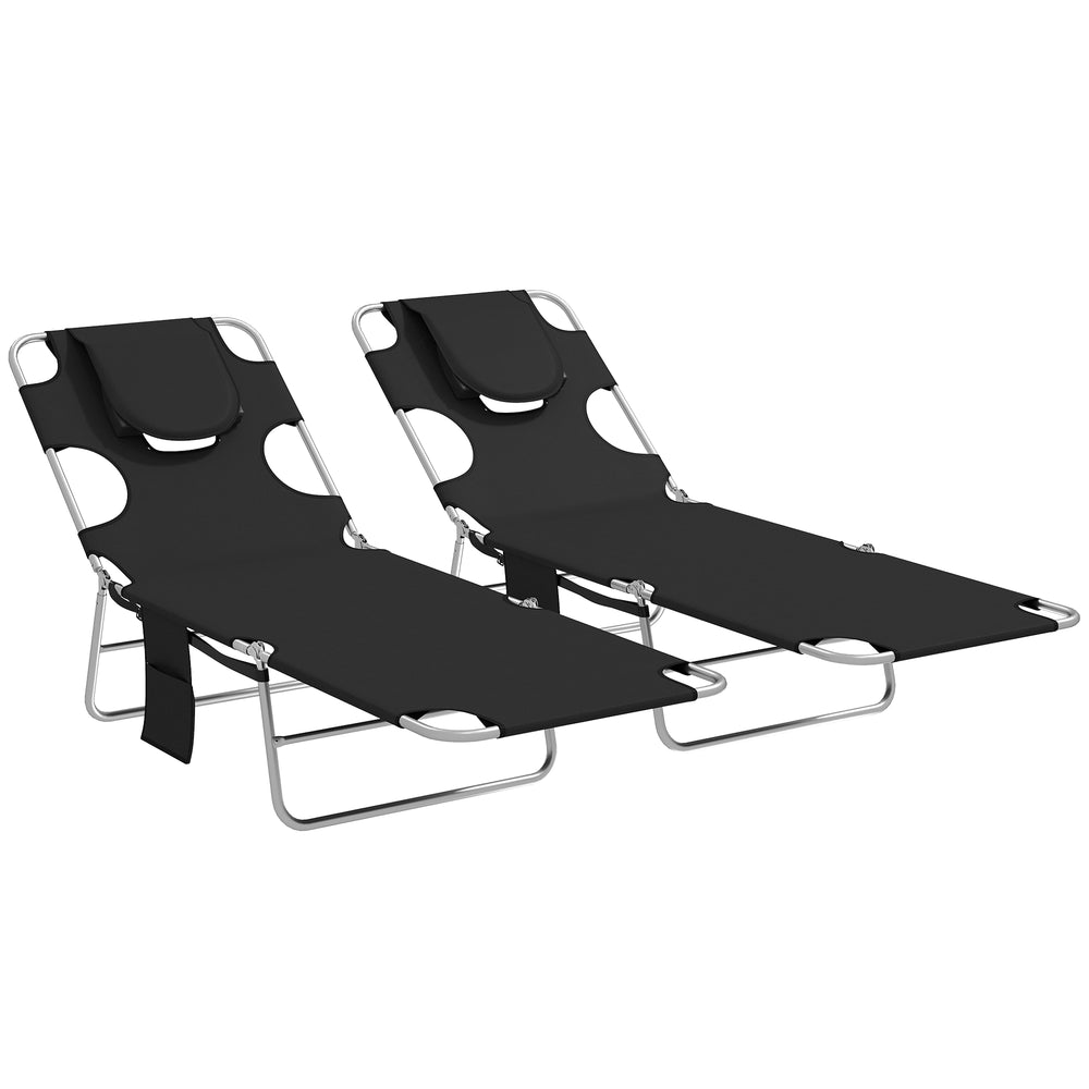 Outsunny 5-Position Adjustable Sun Loungers Set of 2 with Reading Hole and Side Pocket, Black