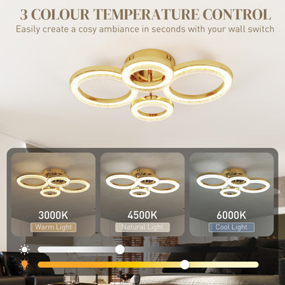 HOMCOM LED Ceiling Light, Modern 4 Rings Ceiling Lamp with Wall Switch Control, 40W 4350lm Flush Mount Ceiling Light with 3500K/4500K/6000K Colour Temperatures for Living Room, Bedroom, Gold Tone