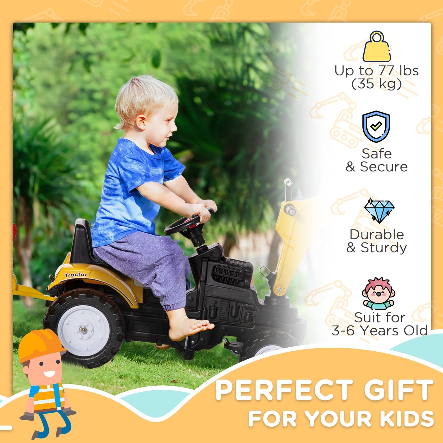 HOMCOM Kids Ride-On Construction Car, with Horn and Detachable Trailer - Yellow