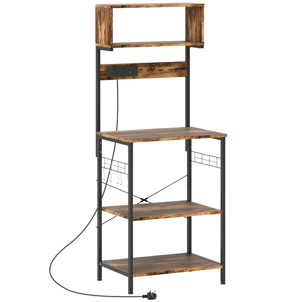 HOMCOM Bakers Rack with Power Outlet, USB Charger, Microwave Stand with Adjustable Shelves, 5 Hooks for Small Spaces, Kitchen Storage Unit for Spices, Pots and Pans, Rustic Brown