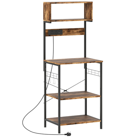 HOMCOM Bakers Rack with Power Outlet, USB Charger, Microwave Stand with Adjustable Shelves, 5 Hooks for Small Spaces, Kitchen Storage Unit for Spices, Pots and Pans, Rustic Brown