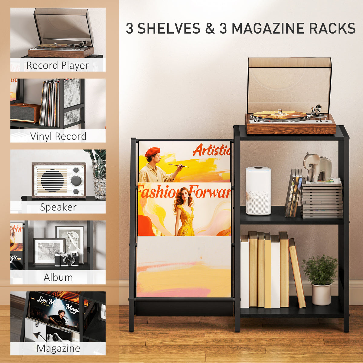 HOMCOM 3-Tier Record Player Stand, End Table for Living Room, Bedroom - Black Wood Effect