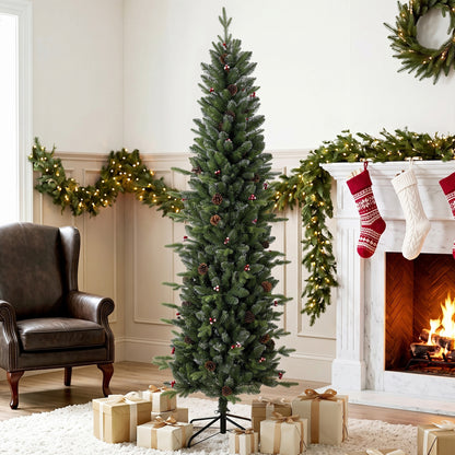 HOMCOM Slim Gracious Pine Xmas Tree, 7ft/210cm Artificial Christmas Tree with 904 Branch Tips, Foldable Steel Stand, Green