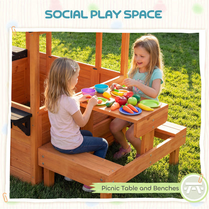AIYAPLAY Wooden Playhouse Playhouse for Kids with Table, Benches, Sink Table, Windows, Flowerpot Holders, for Ages 3-8, Brown