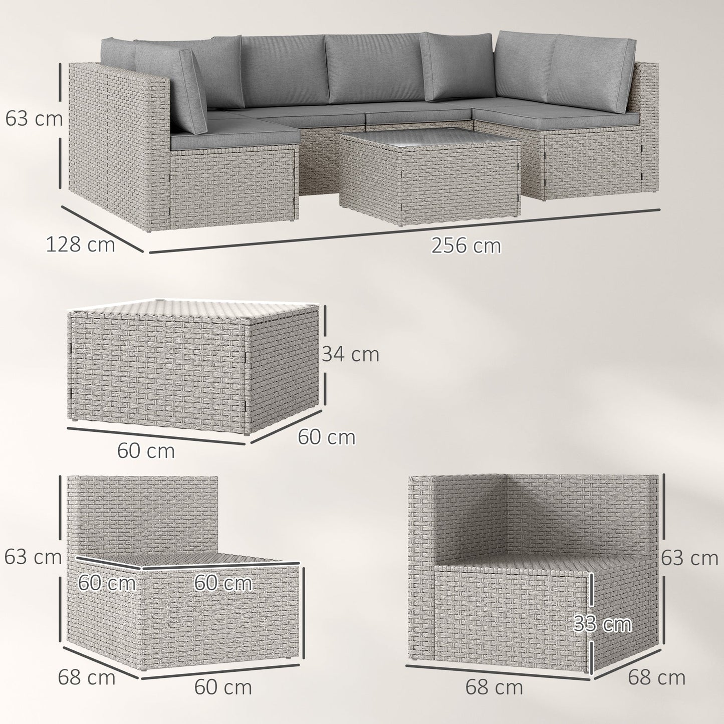 Outsunny Seven-Piece Modular Rattan Set - Grey