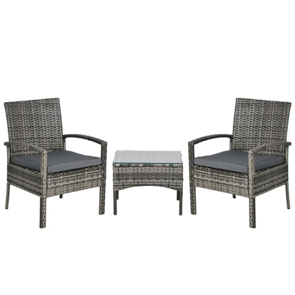 Outsunny 3 Pieces Rattan Bistro Set, Wicker Garden Furniture Set with Glass Top Coffee Table and Chairs, Washable Cushions for Outdoor, Patio, Balcony, Mixed Grey